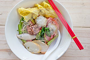 Noodles with meat ball and red sauce or yong tau foo,Thai Noodle