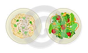 Noodles with Mushroom Garnish and Green Vegetable Salad as Vegetarian Dish Above View Vector Set