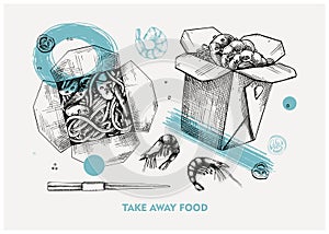 Noodles in paper box. Asian cuisine meal sketch. Vintage fast food in collage style. Food delivery trendy design template. Take