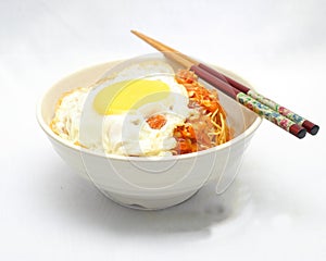 Noodles with poached egg photo