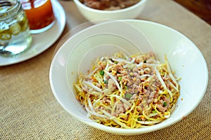 Noodles pork dumplings,spicy soup thai style