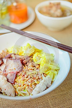 Noodles pork dumplings,spicy soup thai style