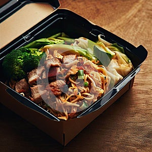 Noodles with pork and vegetables in take-out box on wooden table