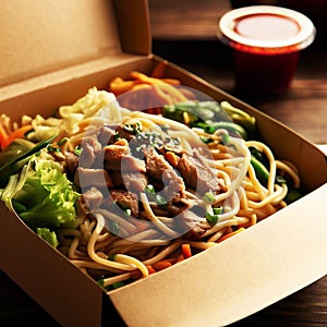 Noodles with pork and vegetables in take-out box on wooden table