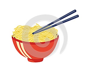 Noodles ramen in a bowl with chopsticks.