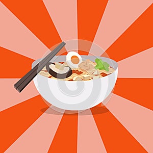 Noodles restaurant with white bowl vector .Ramen Japanese noodle soups with shiny background.Red bowl of noodles soup