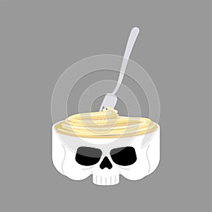 Noodles in skull. Skeleton head plate isolated. Ramen in Skull