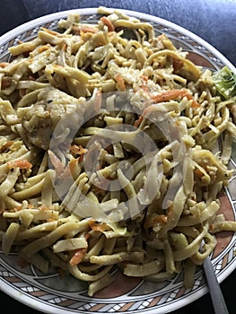 Noodles with vegetables and chicken chrimp photo