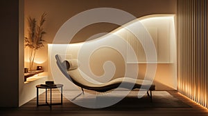 nook with a lounge chair, a side table, soft lighting, and an open white space on the adjacent wall for personalized designs