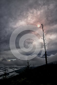 Noonday sun obscured by storm clouds at Clingman's Dome Tower GSMNP