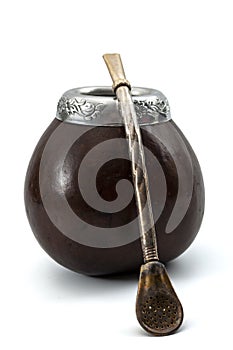 Nootropic stimulant, alternative medicine and holistic cleanse concept with gourd and bombilla metallic drinking straw for yerba