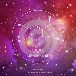 Noradrenaline neuro transmitter and hormone molecule and formula in front of cosmis background. Brain chemistry infographic