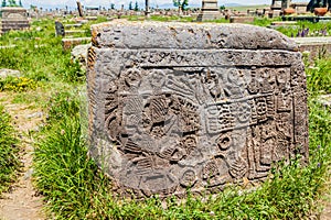 NORATUS, ARMENIA - JULY 10, 2017: Stone khachkar near Noratus village, Armen
