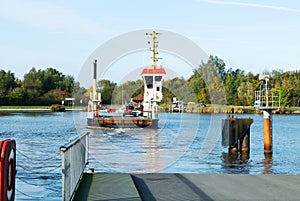 Nord-Ostsee-Kanal with ferryboat near Rendsburg, Germany