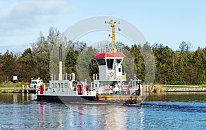 Nord-Ostsee-Kanal with ferryship in FischerhÃ¼tte, Schleswig-Holstein
