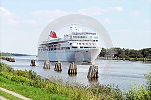 Nord-Ostsee-Kanal with passenger ship near Rendburg, Germany