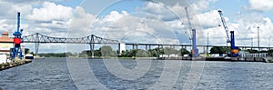 Nord-Ostsee-Kanal in Rendsburg with the historical railway bridge in Germany