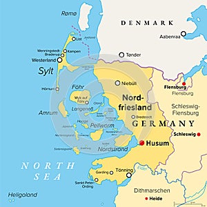 Nordfriesland, or North Frisia, district of Germany, political map photo