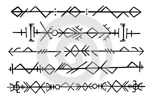 Nordic celtic runes header divider, set norse protection symbols in doodle style, amulet, witchcraft signs on white