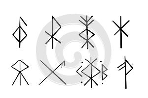 Nordic celtic runes, set norse protection symbols in doodle style, amulet, witchcraft signs on white background.