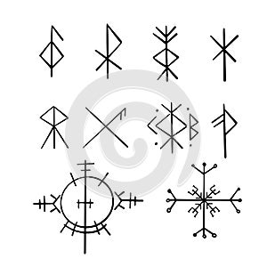 Nordic celtic runes, set norse protection symbols in doodle style, amulet, witchcraft signs on white background.