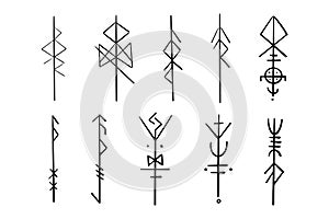 Nordic celtic runes, set norse protection symbols in doodle style, amulet, witchcraft signs on white background.