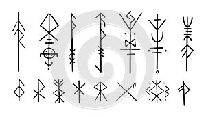 Nordic celtic runes, set norse protection symbols in doodle style, amulet, witchcraft signs on white background.