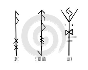 Nordic celtic runes, set norse protection symbols in doodle style, amulet, witchcraft signs on white background.