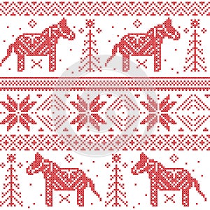 Nordic Christmas pattern with stars, snowflakes, horses in cross stitch