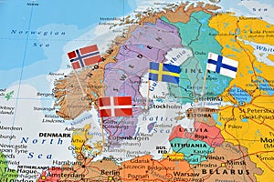 Nordic countries flag pins on map photo