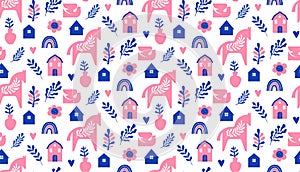 Nordic Dala horses and floral elements seamless pattern