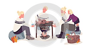 Nordic family camping semi flat color vector characters