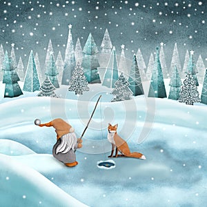 Nordic gnome and red fox fishing Winter watercolor illustration Scandinavian gnome on snowy landscape Fantasy winter forest