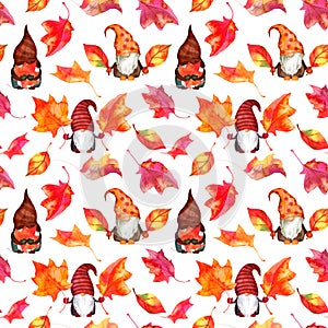 Nordic gnomes with autumn leaves seamless pattern. Watercolor red, yellow leaf fall repeated background