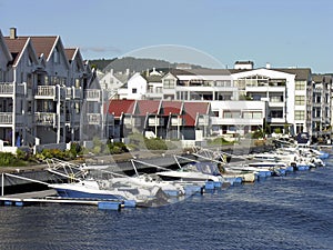 Nordic housing on a river with marina