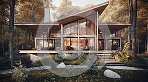 Nordic-inspired sustainable home in the midst of a tranquil forest, with large windows, neural