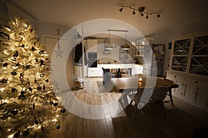 Nordic living room with christmas tree with warm, cozy atmosphere. Style and home interiors idea