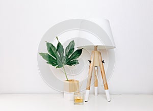 Nordic modern living room with table lamp, home fragrance and tropical leaf.