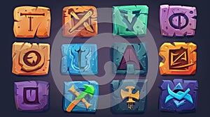Nordic runic wood sign and old fehu letter symbol for magic witchcraft fantasy interface and gui clipart set. Nordic photo