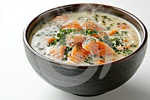 nordic salmon soup, a bowl of finnish-icelandic salmon and cream soup, with a white background for your text photo