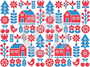 Nordic, Scandinavian inspired folk art seamless pattern - Finnish design in blue and red