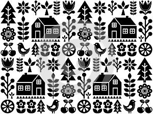 Nordic, Scandinavian inspired folk art seamless pattern - Finnish vector textile design in black and white