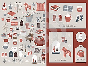 Nordic, Scandinavian winter elements and Hygge concept design, Merry Christmas card, banner, background