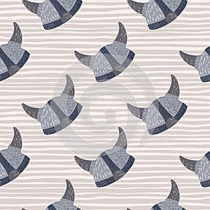 Nordic seamless doodle pattern with blue viking helmets. Light grey striped background. History artwork