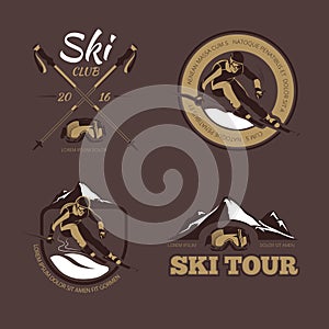 Nordic skiing vector emblems, labels, badges, logos set