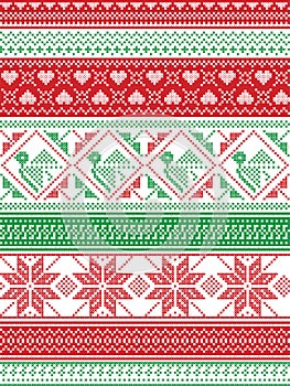 Nordic style and inspired by Scandinavian Christmas pattern illustration in cross stitch in red and white, green including Robin