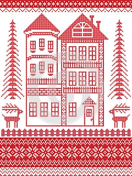 Nordic style and inspired by Scandinavian Christmas pattern illustration in cross stitch, tall gingerbread house