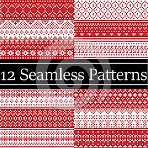 12 Nordic style vector patterns inspired by Scandinavian Christmas, festive winter seamless pattern in cross stitch with heart