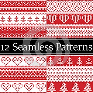 Nordic style vector semaless christmas patterns inspired by Scandinavian Christmas, festive winter in cross stitch with heart