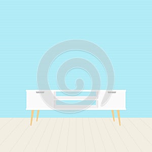 Nordic tv stand in modern empty room. Empty clean wall and wooden floor. Minimal living room. Home interior. Vector illustration,